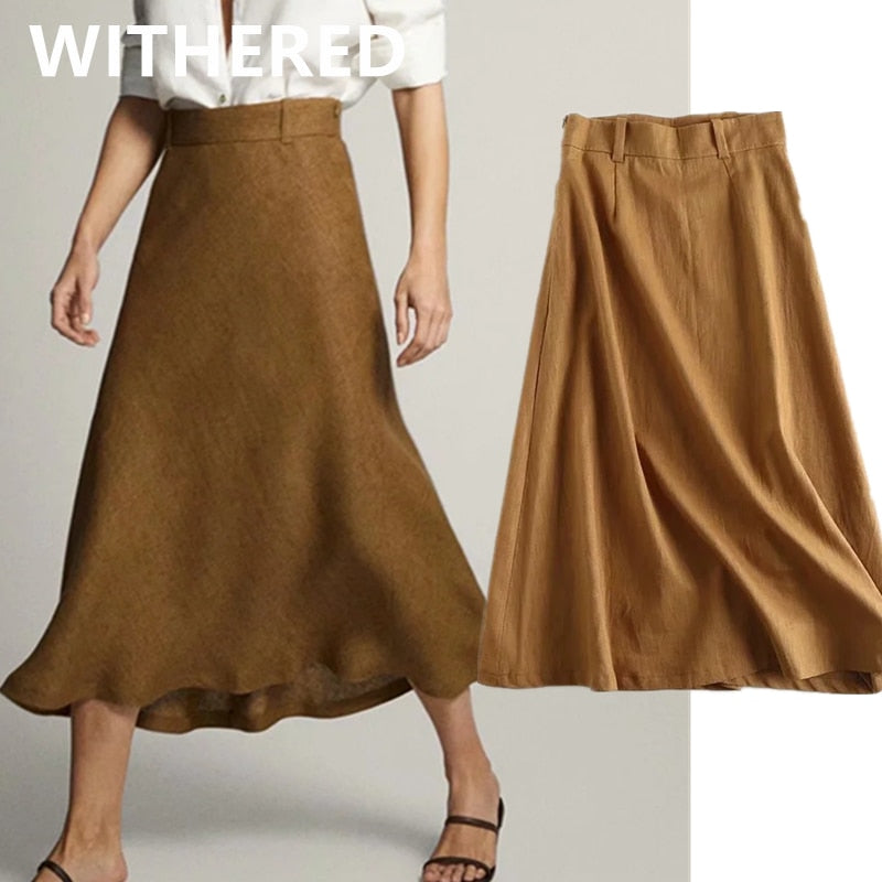 Christmas Gift Withered england office lady indie folk simple linen high waist A-line midi skirt women faldas mujer moda 2020long skirts womens