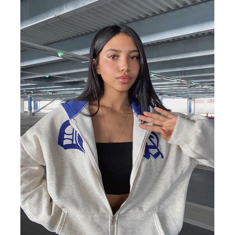 Billlnai Streetwear Y2K Tops letter  print Grunge Gothi Oversized Zip-Up Hoodie Streetwear Womens hip-hop Kawaii Female Sweatshirts