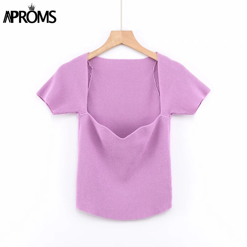 Aproms Green Square Neck Ribbed Knitted T-shirt Women Sexy Solid Color High Strench Tshirt Cool Girls Street Style Crop Top 2020