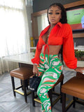 Joskaa Sexy Two Piece Women Pants Sets Deep V Lace-Up Lantern Sleeve Crop Shirt Leggings Suit Fall 2023 Fashion Party Clubwear 1111