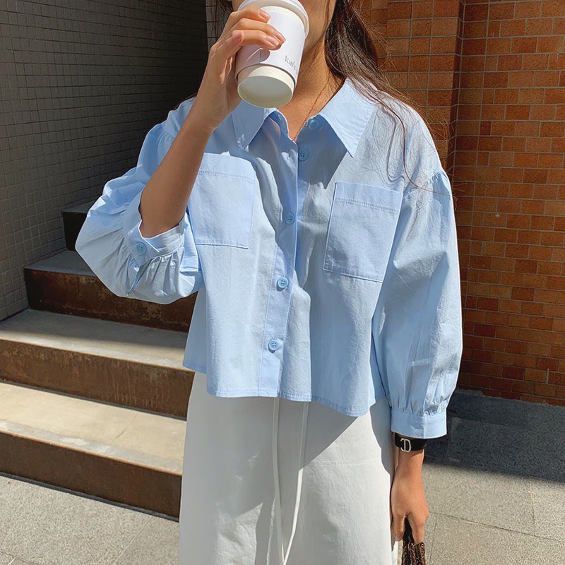 Women Blouse Korean Style Chic Single Breasted Turn Down Collar Loose Solid Color Ladies Tops Femme Casual Blusas Mujer De Moda