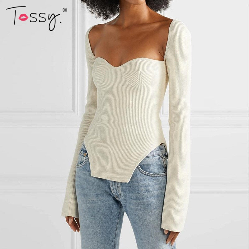Tossy Long Sleeve Sweater 2023 Autumn Women Knit Ribbed Top Ladies Casual Knitted Tops Pullover Off-Shoulder Knitwear Black