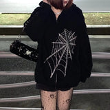 Christmas Gift Harajuku Y2K Hoodies Gothic Skull Print Zip-up Women Sweatshirts Coat Retro Grunge Long Sleeve Hooded Loose Jacket Streetwear
