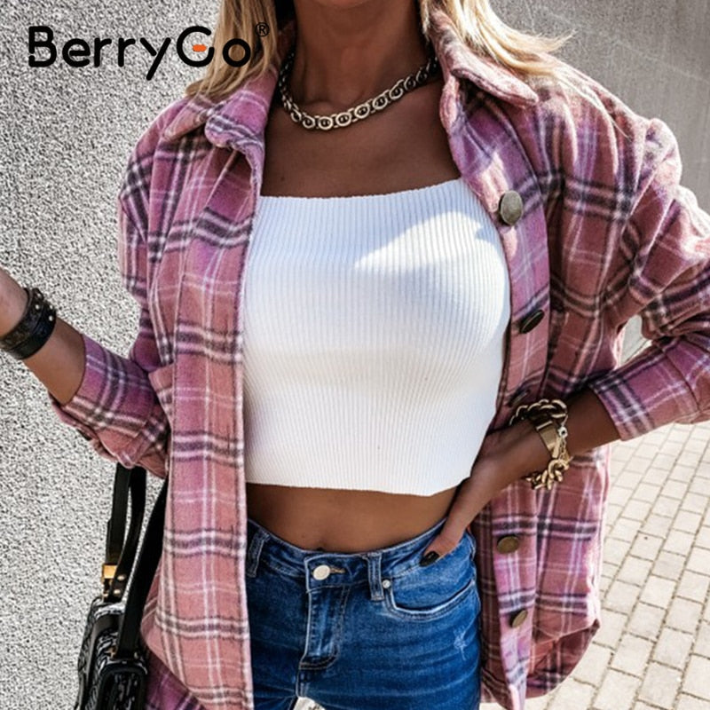 BerryGo Casual Beige Plaid Blouse Shirt women Long Sleeve Button Collar Shirt Street Fashion Women's shirt Spring Autumn Top