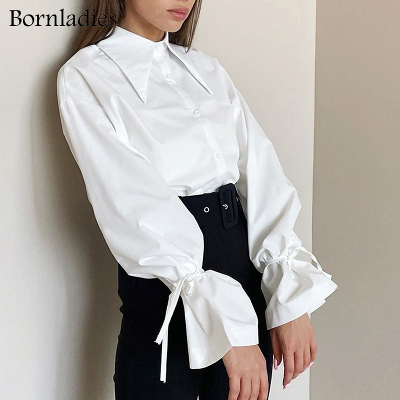 Billlnai  Graduation Party Elegant Office Lady White Women Blouse Turn-Down Collar Long Sleeve Lace Up Shirt Female Loose Autumn Work Korean