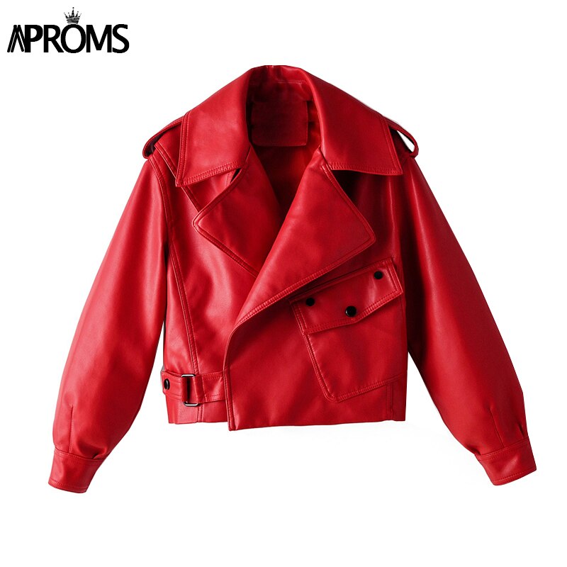 Aproms Winter Pu Leather Loose Women's Jacket Elegant Turn-down Collar Red Motorcycle Coat Streetwear Fashion Black Outwear 2023