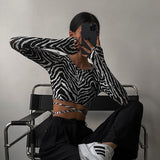 Cryptographic Fashion Elegant Sexy Backless Zebra Print Women Top Long Sleeve Cropped Top T-Shirts Autumn Bandage Top Tees Slim