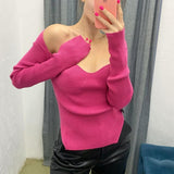 Tossy Long Sleeve Sweater 2023 Autumn Women Knit Ribbed Top Ladies Casual Knitted Tops Pullover Off-Shoulder Knitwear Black