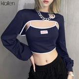 Billlnai 2023  Graduation Party   Women Casual Streetwear Long Sleeve Top with Camisole Two Piece T Shirt Autumn New Office Lady Slim Stretch Cotton Tee