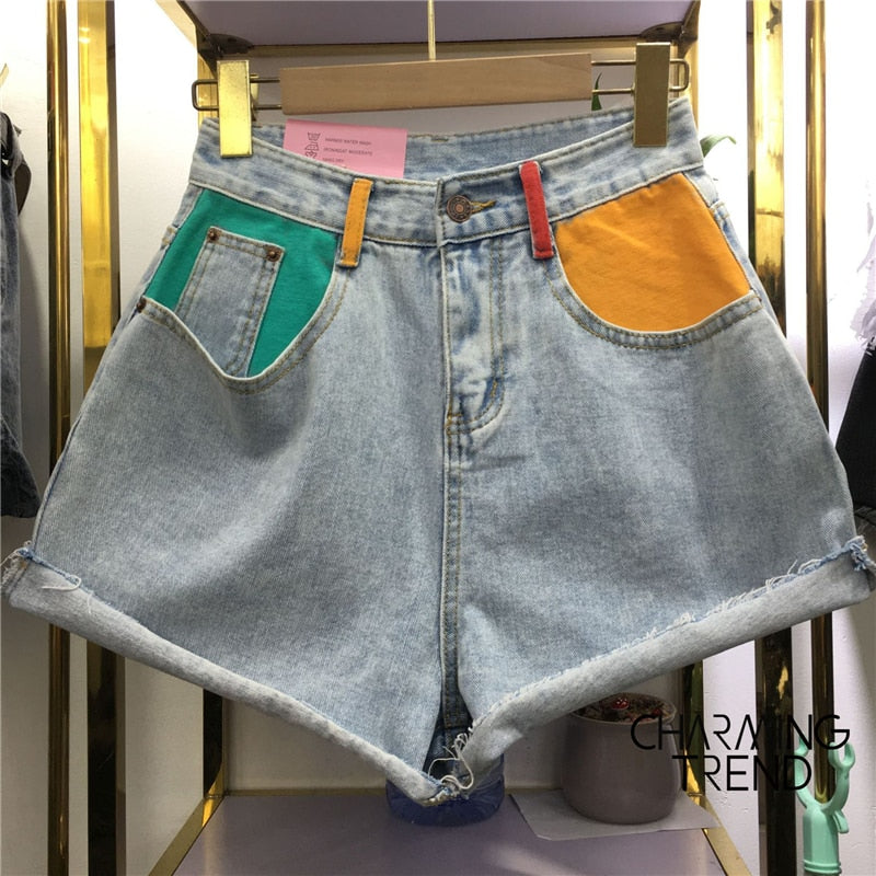 Summer Color Shorts Women Short Pant Splice Flavor Retro Ladies Jean Shorts Ragged Side Wide Leg Trend Denim Women Shorts Jean