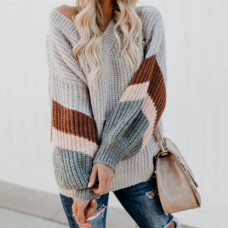 Women Loose V-Neck Striped Multicolor Patchwork Pullover 2023 Long Sleeve Knit Sweater Fall Sweaters Lady Pullovers Fashion New