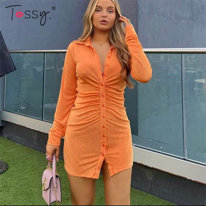Tossy 2023 Spring Shirt Dress With Ruched Sexy Turn-Down Collar Long sleeve Mini Dress Casual Streetwear Female Designer Dresses