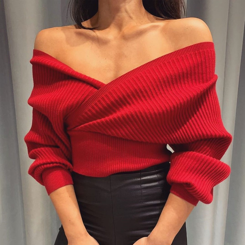 Cryptographic Sexy V-Neck Wrap Sweaters for Women Autumn Winter 2023 Jumper Fashion Loose Pull Femme Sueter Knitwear Sweaters