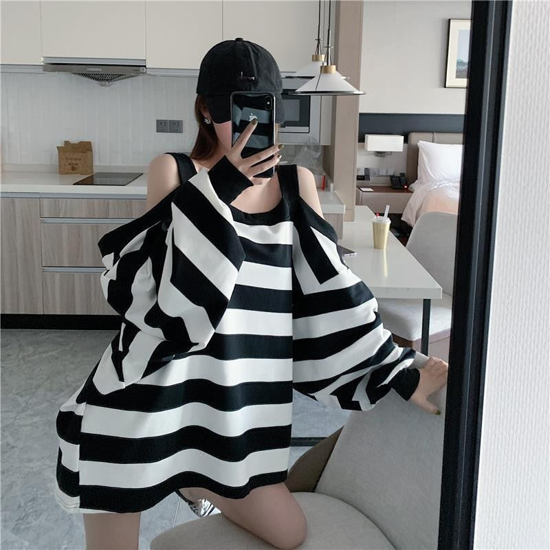 Women Striped Printed Simple All-match Off Shoulder Slash neck Pullovers Womens Trendy Sweatshirts