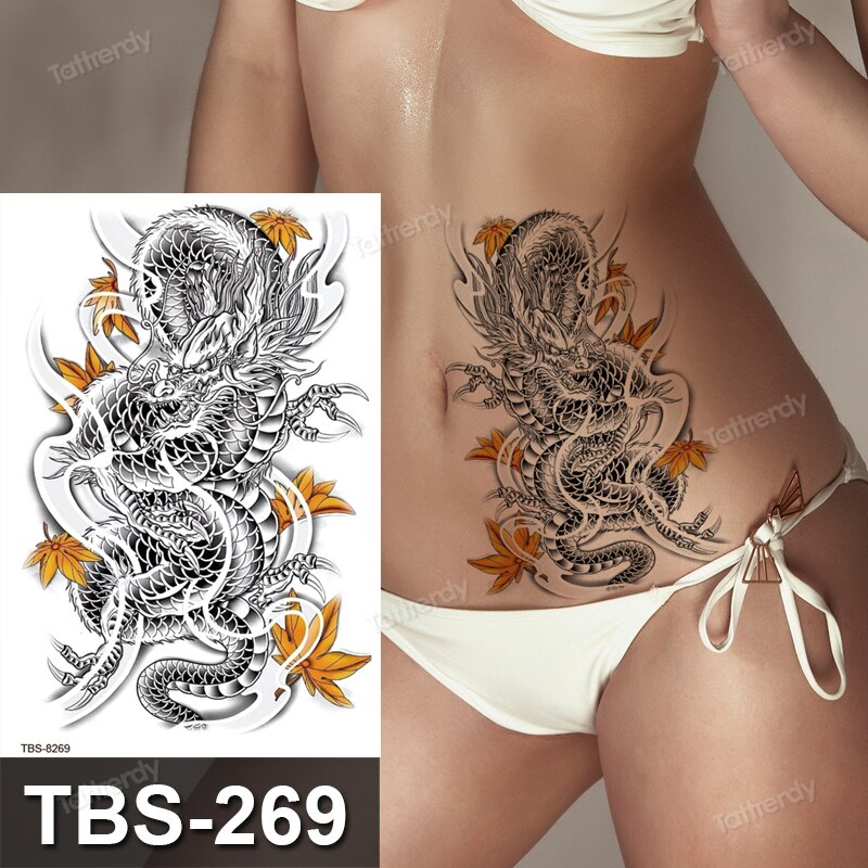 Billlnai Dragon Wing Snake Temporary Tattoo Sticker Waterproof Black Henna Anime Body Art Tattoo Fake Water Transfer Decal Sexy For Women