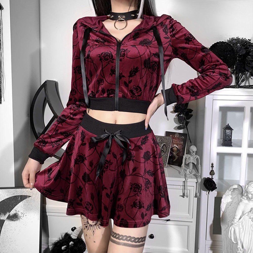 Roseric Gothic Velvet Two Piece Sets Women Floral Print Fashion Outfits Short Coat Hoodie A Line Skirt High Waist Burgundy Suits