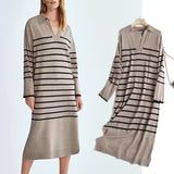 Christmas Gift Withered Winter Dress Women Vestidos England Style Fashion Simple Striped Loose Polo Collar V-neck Knitted Midi Dress Women Tops