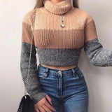 Cryptographic Fashion Women's Turtlenecks Sweaters Striped Long Sleeve Knitted Pullovers Females Jumpers Cropped Sweaters Fall