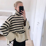 Billlnai 2023 New Korean Elegant Stripe Knitted Sweater Oversized Warm Winter Pull Female Pullovers Fashion Tops