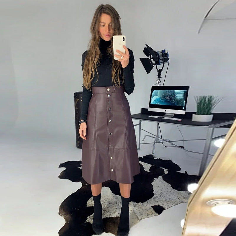 Churses Casual Single-Breasted PU Leather A-Line Midi Skirts Autumn Winter Home Wear Warm Office Lady Skirts 2023 New Arrival
