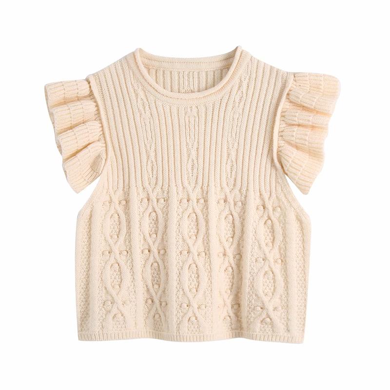 Jastie Women's Knitted Vest 2023 Solid Jumpers Femmel Ruffles Sleeveless Knitting Tops Vintage Cropped Knitwear O-neck Clothes