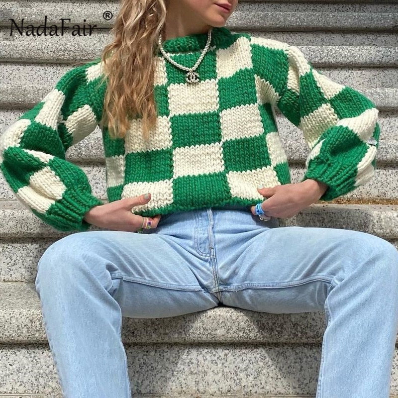 Christmas Gift Nadafair Checkerboard Plaid Sweater Women Jumper O Neck Autumn Pollovers Green Y2K Casual Winter Knitted Tops Pull Femme