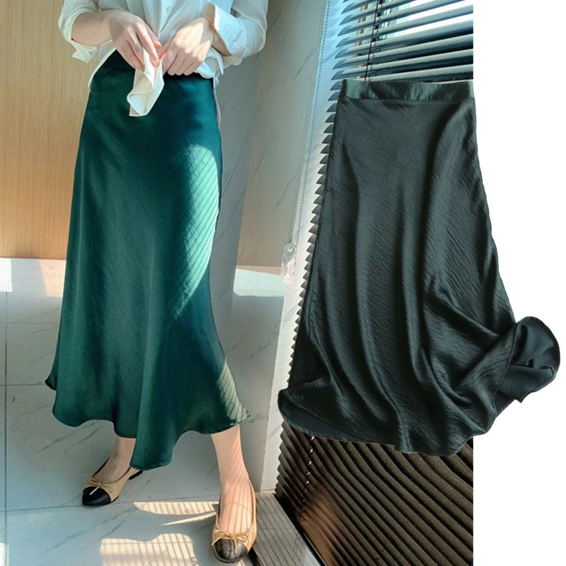 Christmas Gift Withered england style office lady simple solid satin elegant summer midi skirt women faldas mujer moda 2020 long skirts womens