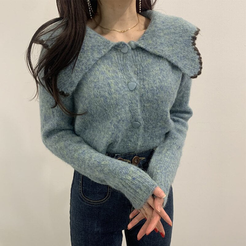 Ardm Fashion Women Sweaters Sweet Patchwork Ruffled Knitted Sweater Vintage Peter Pan Collar Pull Femme Winter Pullovers Tops