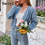 BerryGo Za school button v-neck short cardigan girl  Casual long sleeve knit sweater cardigan autumn  Fashion elegant women tops