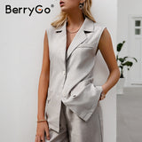 BerryGo Gray sleeveless woman suits Summer casual loose suit Chic suit collar woman sets Sleeveless top high waist pants suit