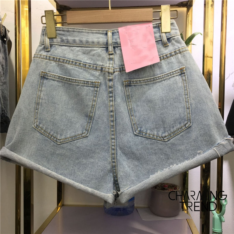 Summer Color Shorts Women Short Pant Splice Flavor Retro Ladies Jean Shorts Ragged Side Wide Leg Trend Denim Women Shorts Jean