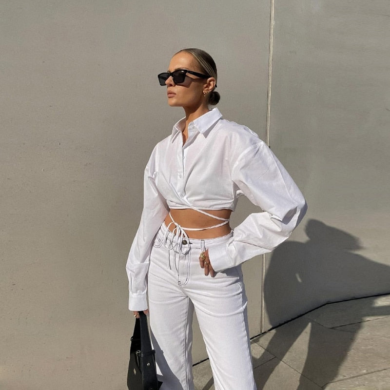 Turn-down Collar Bandage Button Women Blouses White Long Sleeve Sexy Short Blouses Ladies Summer Skinny Streetwear 2023