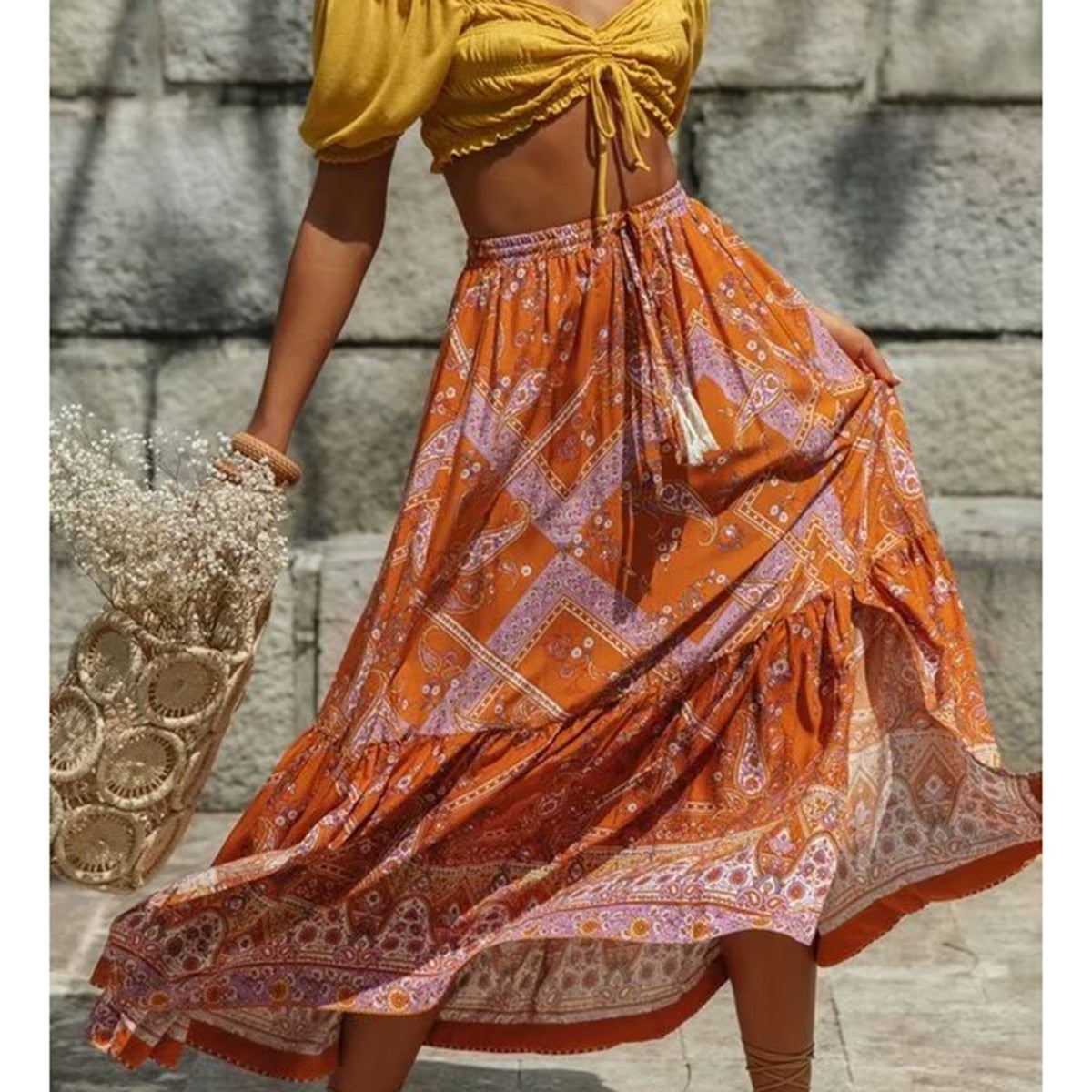 Jastie Women Maxi Skirt Cotton Orange Floral Print Split Sexy Summer Skirts Vintage Beach Casual Clothes Boho Long Women Skirts