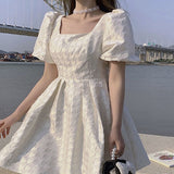 Billlnai 2023 White Elegant Dress Women Square Collar Elegant Vintage Dress Bow Design Office Lady One Piece Dress Korean Summer Chic