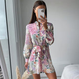 Fashion Floral Print Mini Dresses For Women 2023 Vintage Long Sleeve With Button Belt Party Shirt Dress Spring Vestidos