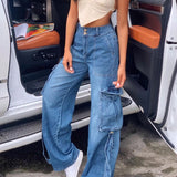 Christmas Gift Y2K Straight Cargo Jeans Wrap Button Retro Denim Pants Ruched Drawstring Women Denim Trousers Street Indie Aesthetic Jean