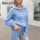 BerryGo Autumn winter polo collar sweater women's zipper pullover Long sleeve knitted sweater female Casual loose solid jumper