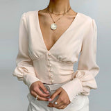 Satin Deep V-Neck Shirt Women Lantern Sleeve Button Tunic Crop Top Autumn Sexy Elegant Single Breasted Solid Blouse 2023 New