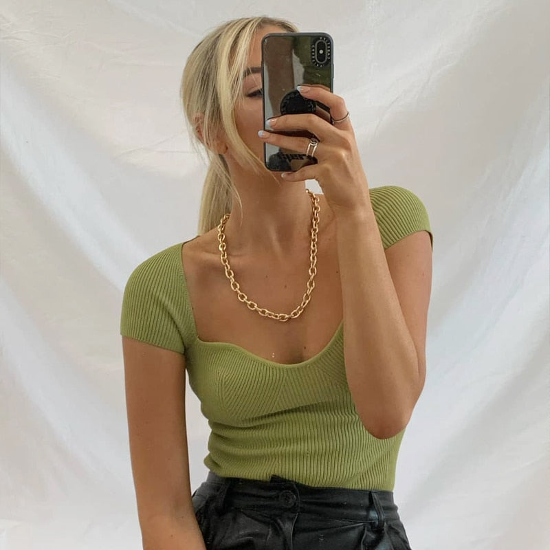 Aproms Green Square Neck Ribbed Knitted T-shirt Women Sexy Solid Color High Strench Tshirt Cool Girls Street Style Crop Top 2020