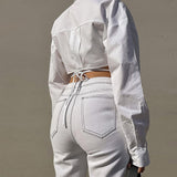 Turn-down Collar Bandage Button Women Blouses White Long Sleeve Sexy Short Blouses Ladies Summer Skinny Streetwear 2023