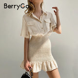 BerryGo Solid cotton pocket summer dress women Smocking mini short sleeve dresses female Office lady button ruffle tight dress