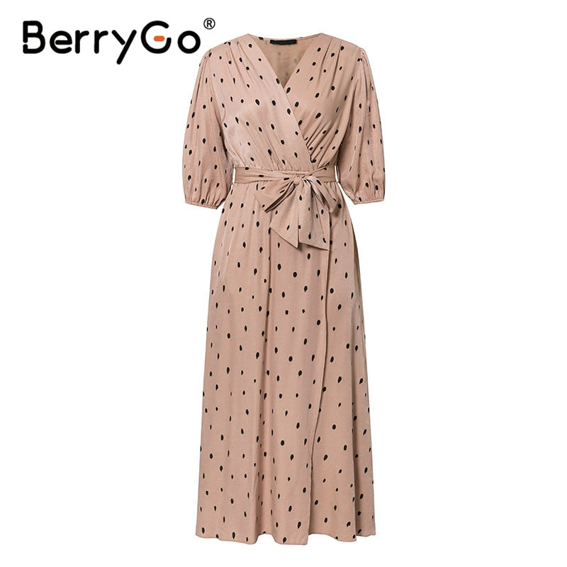 BerryGo Polka dot elegant women dress Puff sleeve vintage long party dress V neck sash streetwear wrap dress vestido work wear