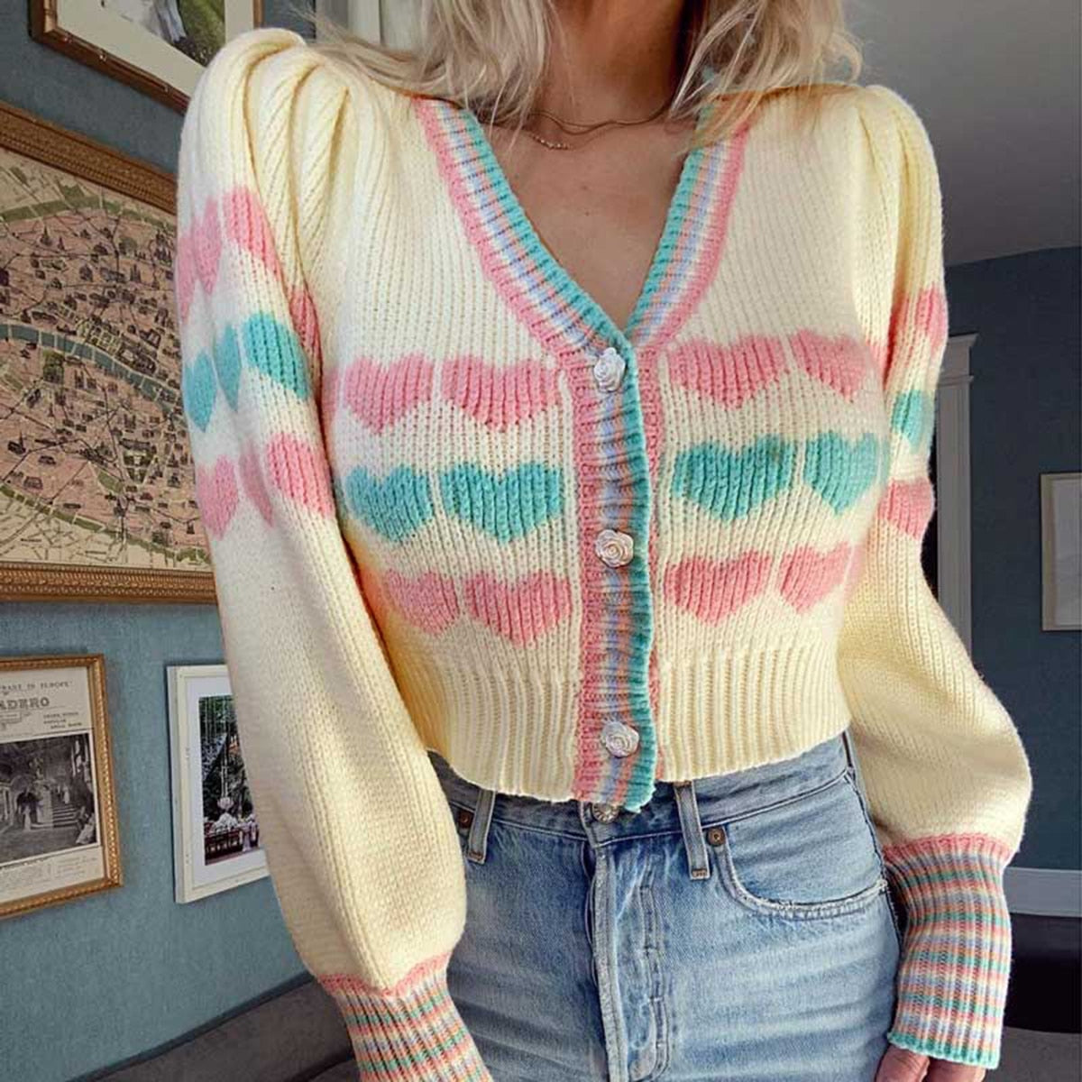 Jastie Fashion Women Hit Color Heart Pattern Cardigan Sweater Mujer Lantern Sleeve Single Breasted Crop Outerwear Autumn Tops