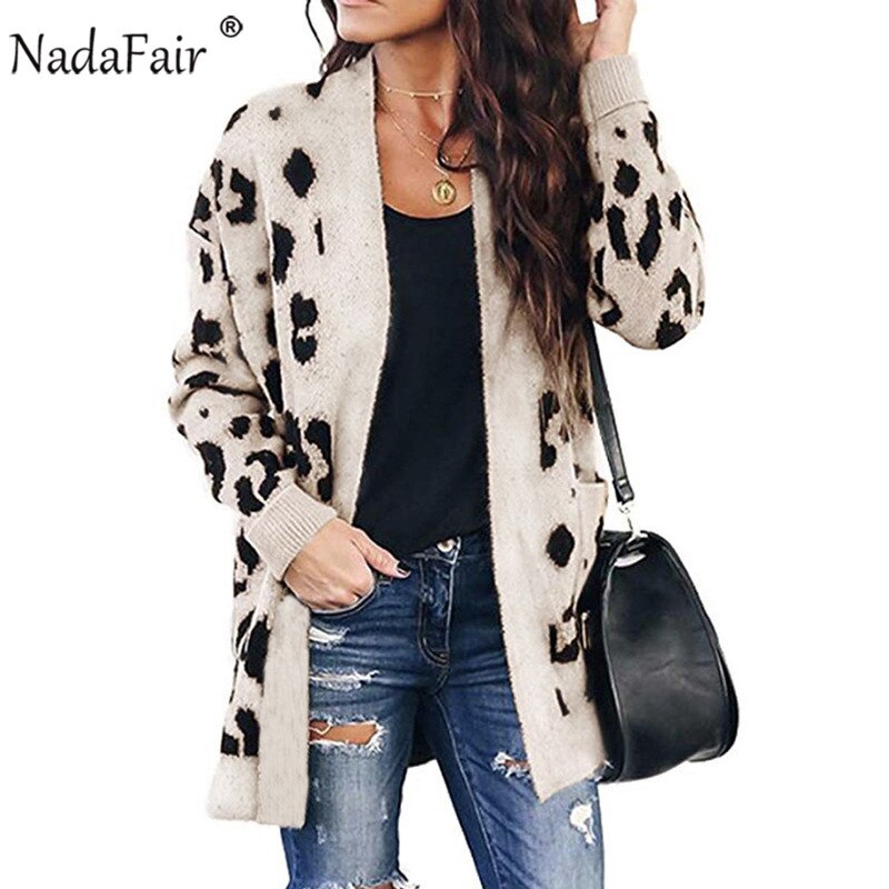 Christmas Gift Nadafair Casual Leopard Long Cardigan Women 2019 Autumn Winter Plus Size Long Sleeve Knitted Cardigan Sweater Femme Knitwear