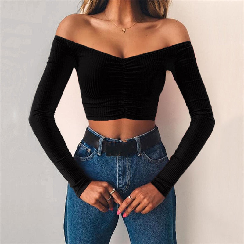 women T-shirts sexy and club fashion female T-shirt long sleeve off shoulder solid color lady Tshirt autumn basic tees