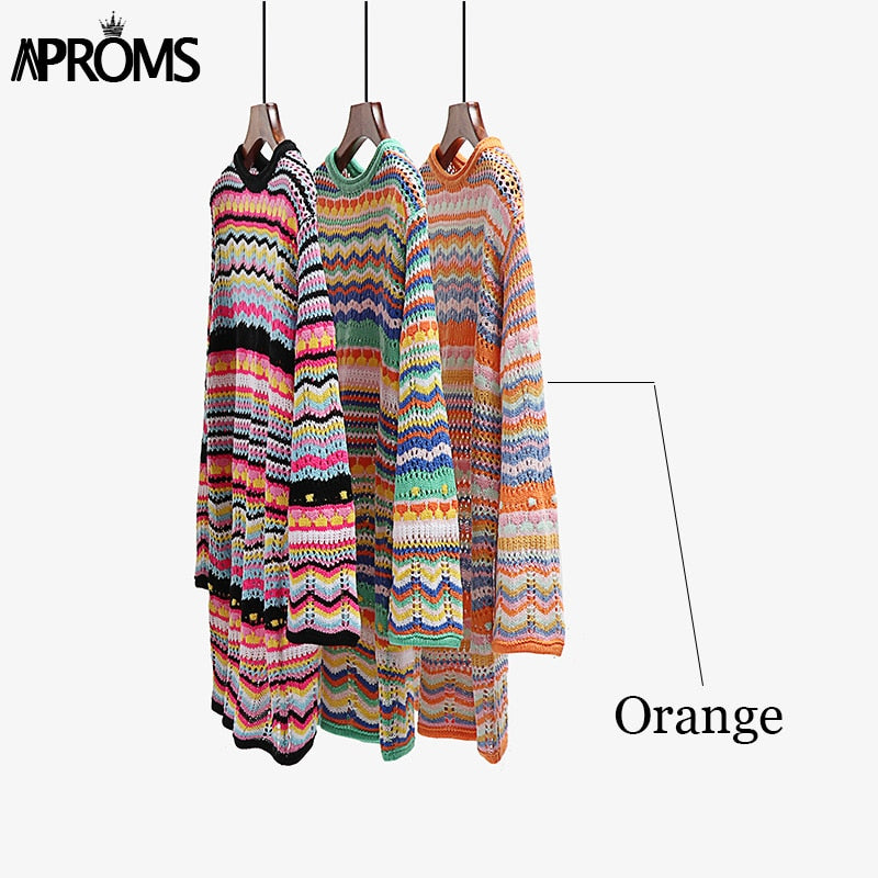 Aproms Vintage Colorful Crochet Mini Dress Women 2023 Casual Long Sleeve Hollow Out Holiday Beach Fashion Short Dresses Vestidos