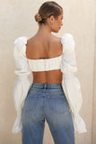 Cryptographic Shirred White Puff Sleeve Tie Front Top Women Blouse Shirts Elegant Hot Sexy Backless Crop Tops Fashion Blusas