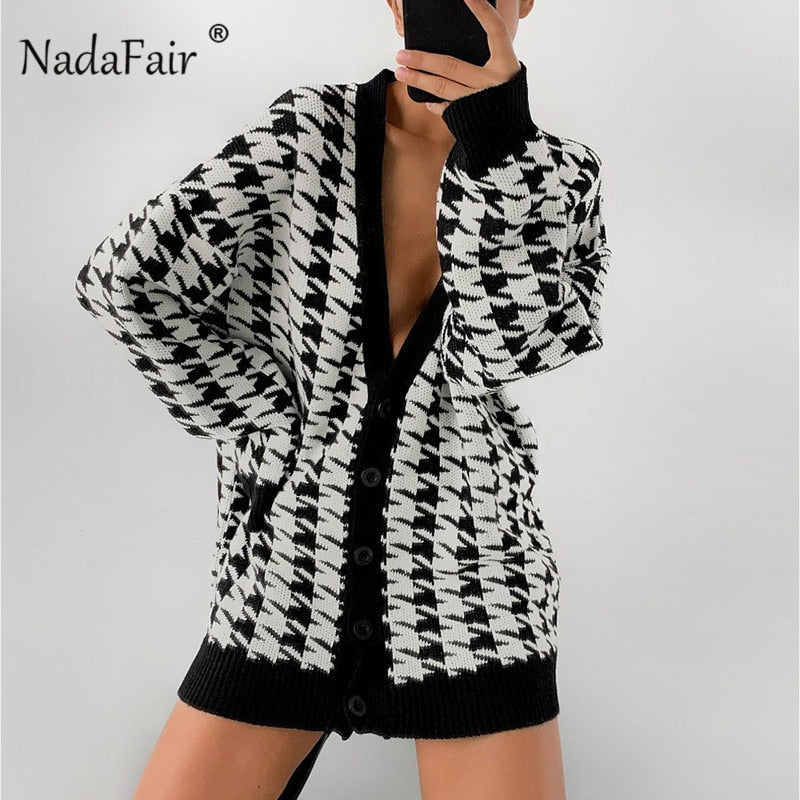 Christmas Gift Nadafair Houndstooth Winter Cardigans for Women 2023 Knitted Warm Vintage V-neck Sweater Autumn Loose Long Oversized Cardigans