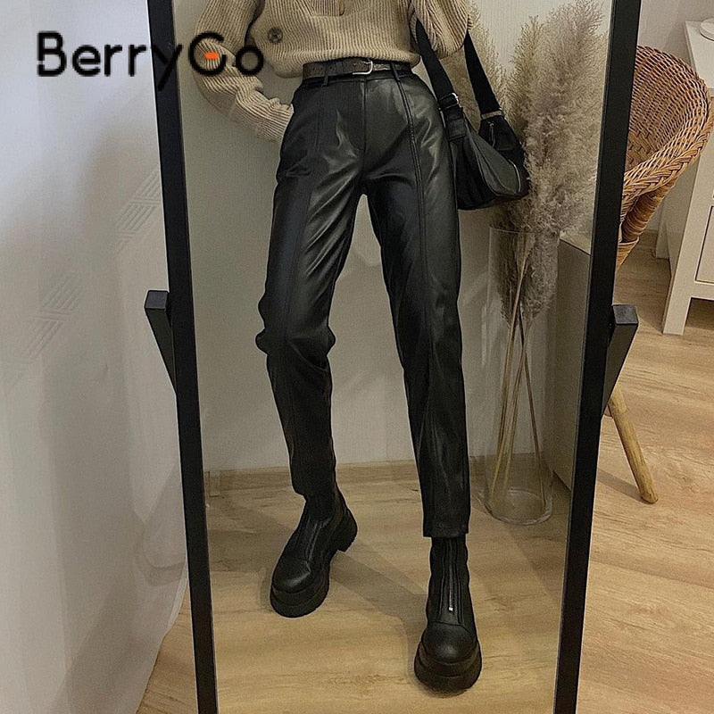 BerryGo Autumn winter high waist skinny PU leather pants women Fashion button leather trousers Solid pocket pencil pant 2023 new