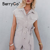 BerryGo Single-breasted Cool Women Romper Summer Solid Sleeveless Pockets Belt Romper 2023 High Street Overall Fashion Playsuits
